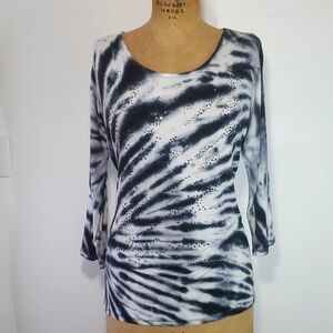 Thomas & Olivia Size L T-Shirt 3/4 Sleeve Black Grey TieDye Bedazzled Gem Jersey